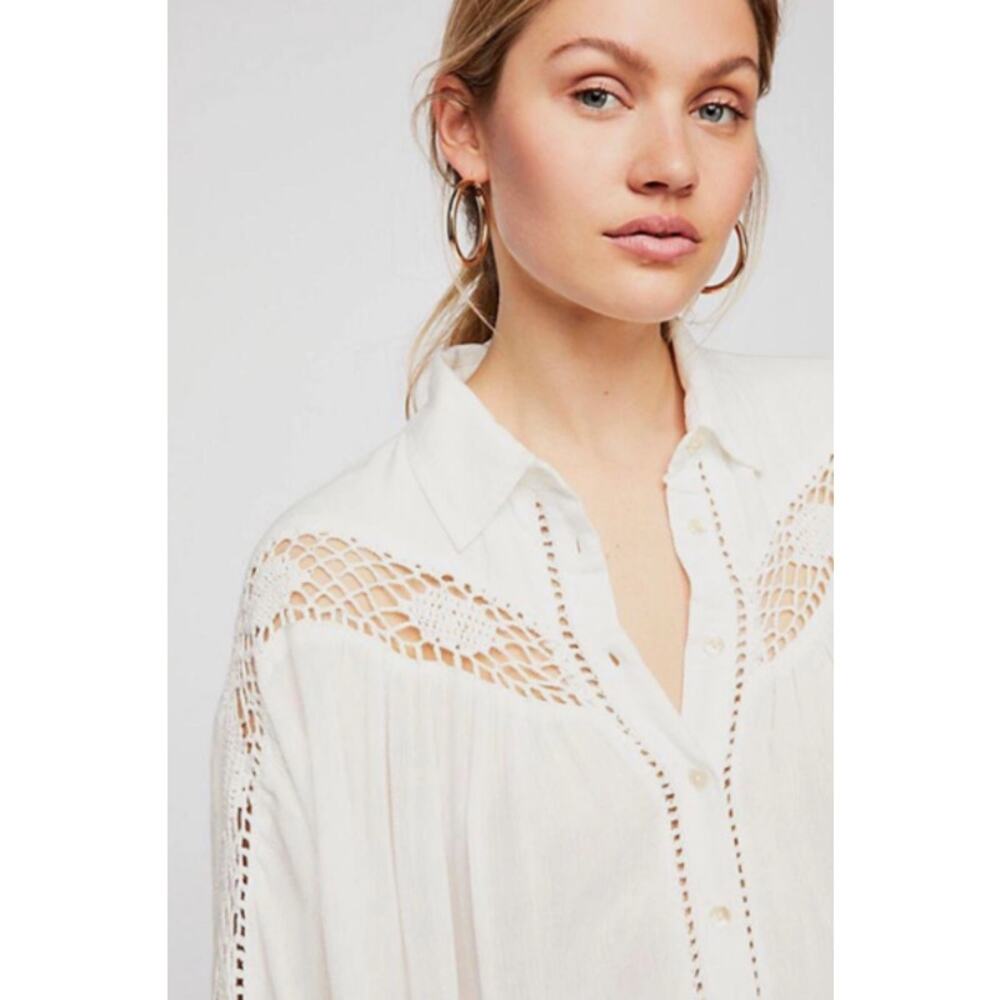 Free People KATIE BIRD Crochet Inset Long Buttoned Sleeve Shirt Top White S $108 - Picture 2 of 8